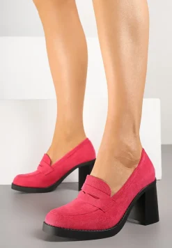 Fuksjowe Półbuty Mokasyny na Słupku z Wkładką ze Skóry Naturalnej Arivlil