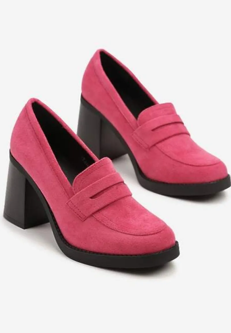 Fuksjowe Półbuty Mokasyny na Słupku z Wkładką ze Skóry Naturalnej Arivlil