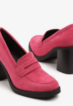Fuksjowe Półbuty Mokasyny na Słupku z Wkładką ze Skóry Naturalnej Arivlil