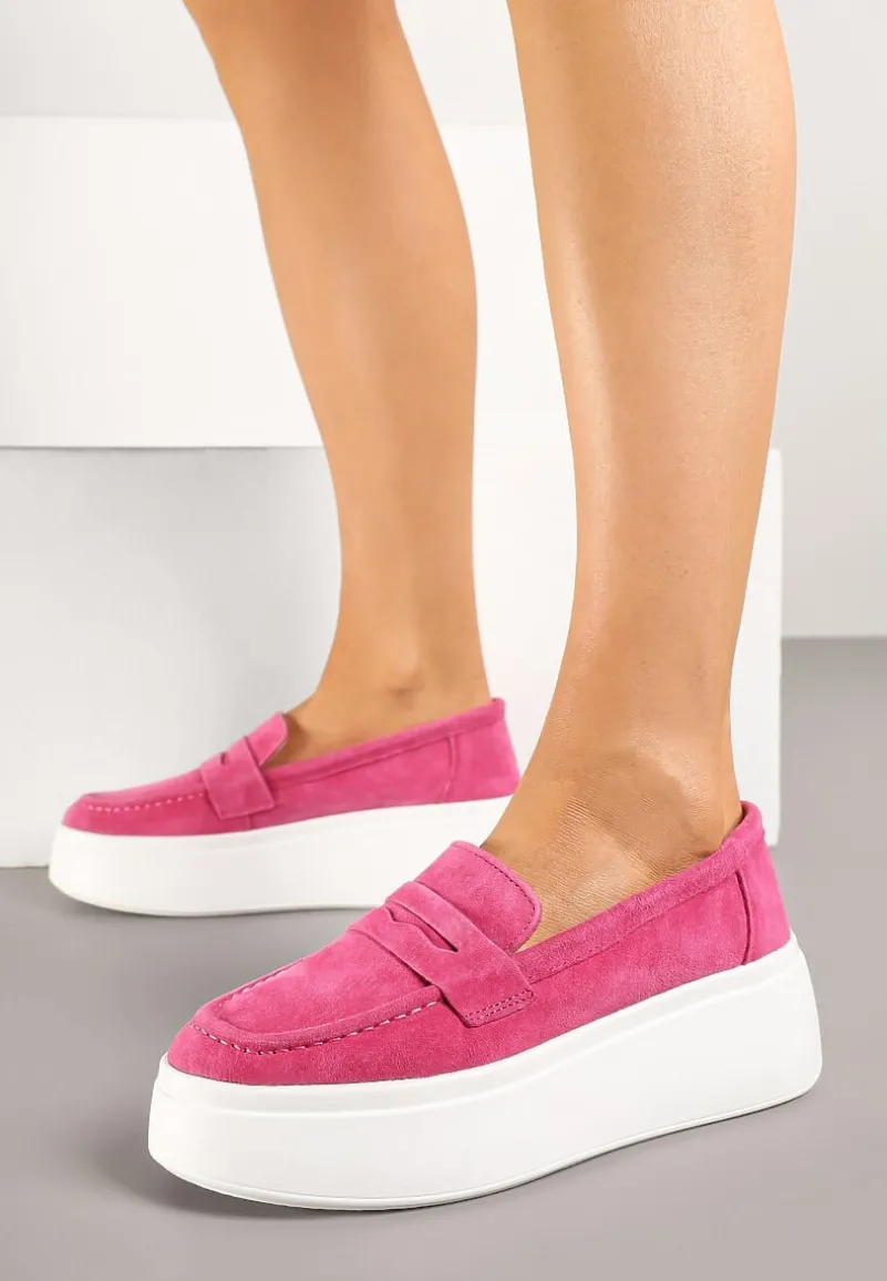 Fuksjowe Półbuty w Stylu Mokasynów na Platformie ze Skóry Naturalnej Nilovira