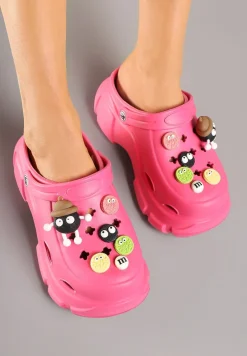 Fuksjowe Piankowe Klapki na Platformie z Uroczymi Przypinkami Osallie