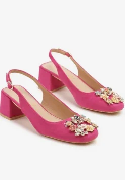 Fuksjowe Sandały Vices na Słupku Slingback ze Skórzaną Wkładką i Cyrkoniami Nimirune