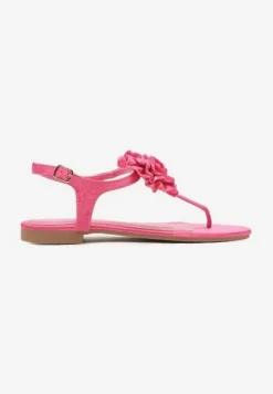 Fuksjowe Sandały w Stylu Japonek na Płaskiej Podeszwie z Kwiatem Gandrea