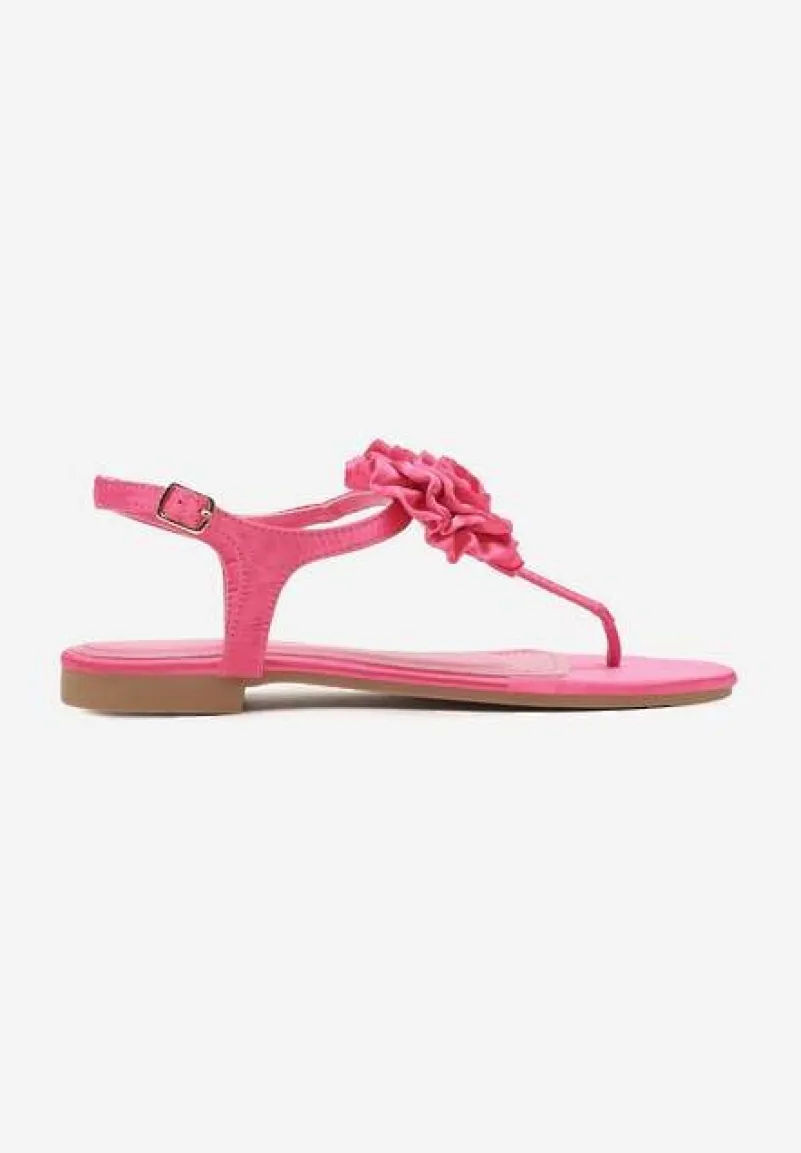 Fuksjowe Sandały w Stylu Japonek na Płaskiej Podeszwie z Kwiatem Gandrea