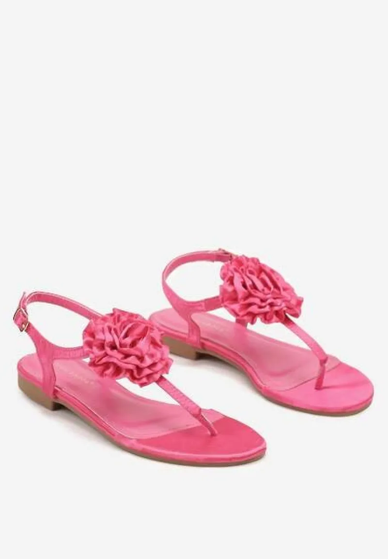 Fuksjowe Sandały w Stylu Japonek na Płaskiej Podeszwie z Kwiatem Gandrea