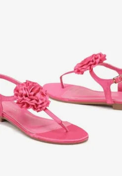 Fuksjowe Sandały w Stylu Japonek na Płaskiej Podeszwie z Kwiatem Gandrea
