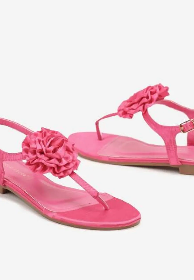 Fuksjowe Sandały w Stylu Japonek na Płaskiej Podeszwie z Kwiatem Gandrea