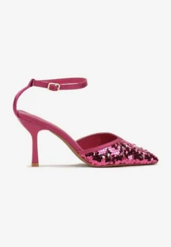 Fuksjowe Satynowe Czółenka na Klepsydrowej Szpilce Ozdobione Cekinami Asuniza