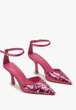 Fuksjowe Satynowe Czółenka na Klepsydrowej Szpilce Ozdobione Cekinami Asuniza