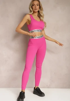Fuksjowe Sportowe Legginsy Elastyczne z Ozdobną Szeroką Gumą w Pasie Larnode