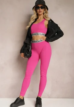 Fuksjowe Sportowe Legginsy Elastyczne z Ozdobną Szeroką Gumą w Pasie Larnode