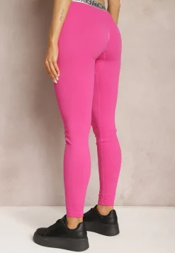 Fuksjowe Sportowe Legginsy Elastyczne z Ozdobną Szeroką Gumą w Pasie Larnode