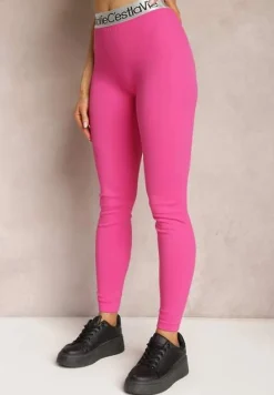 Fuksjowe Sportowe Legginsy Elastyczne z Ozdobną Szeroką Gumą w Pasie Larnode