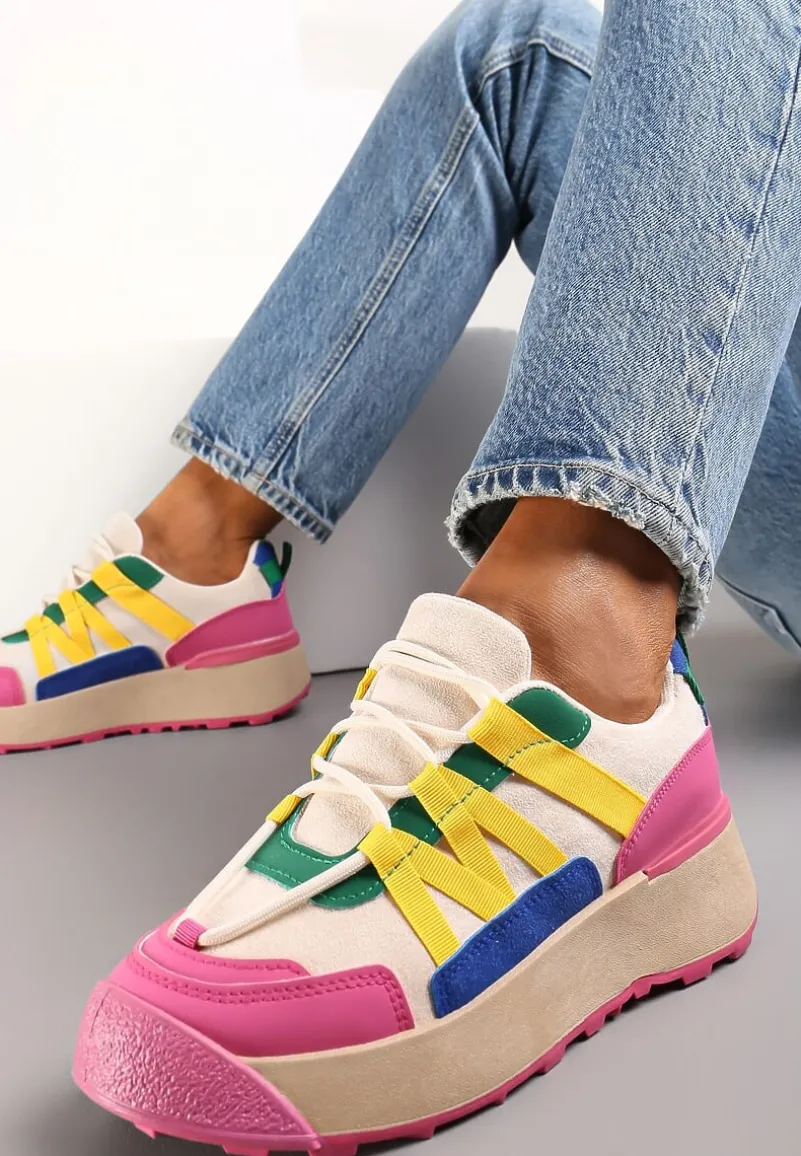 Fuksjowe Sznurowane Płaskie Sneakersy z Kolorowymi Wstawkami z Ekoskóry Wonise