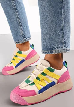 Fuksjowe Sznurowane Płaskie Sneakersy z Kolorowymi Wstawkami z Ekoskóry Wonise