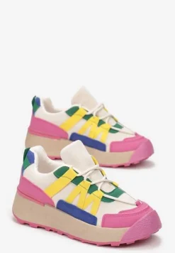 Fuksjowe Sznurowane Płaskie Sneakersy z Kolorowymi Wstawkami z Ekoskóry Wonise