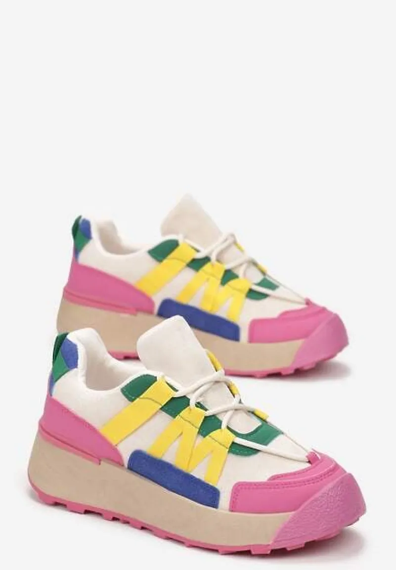 Fuksjowe Sznurowane Płaskie Sneakersy z Kolorowymi Wstawkami z Ekoskóry Wonise