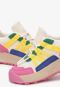 Fuksjowe Sznurowane Płaskie Sneakersy z Kolorowymi Wstawkami z Ekoskóry Wonise