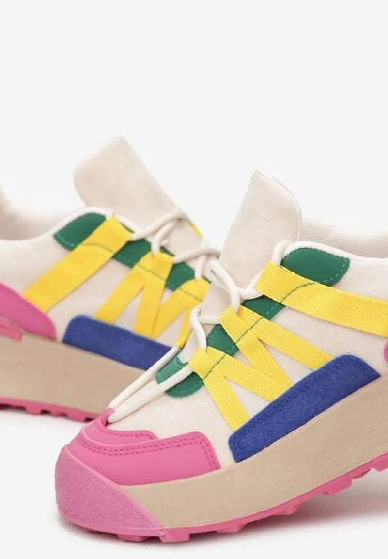 Fuksjowe Sznurowane Płaskie Sneakersy z Kolorowymi Wstawkami z Ekoskóry Wonise