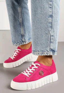 Fuksjowe Sznurowane Sneakersy Vices na Platformie z Tłoczeniem i Metaliczną Aplikacją Lavfedi