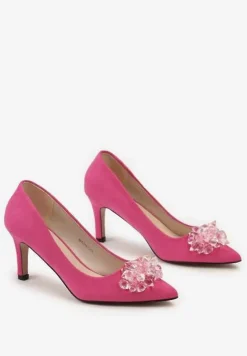 Fuksjowe Szpilki Ozdobione Kryształkami na Froncie ze Skórzaną Wkładką Adanica