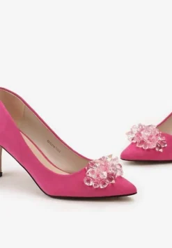 Fuksjowe Szpilki Ozdobione Kryształkami na Froncie ze Skórzaną Wkładką Adanica