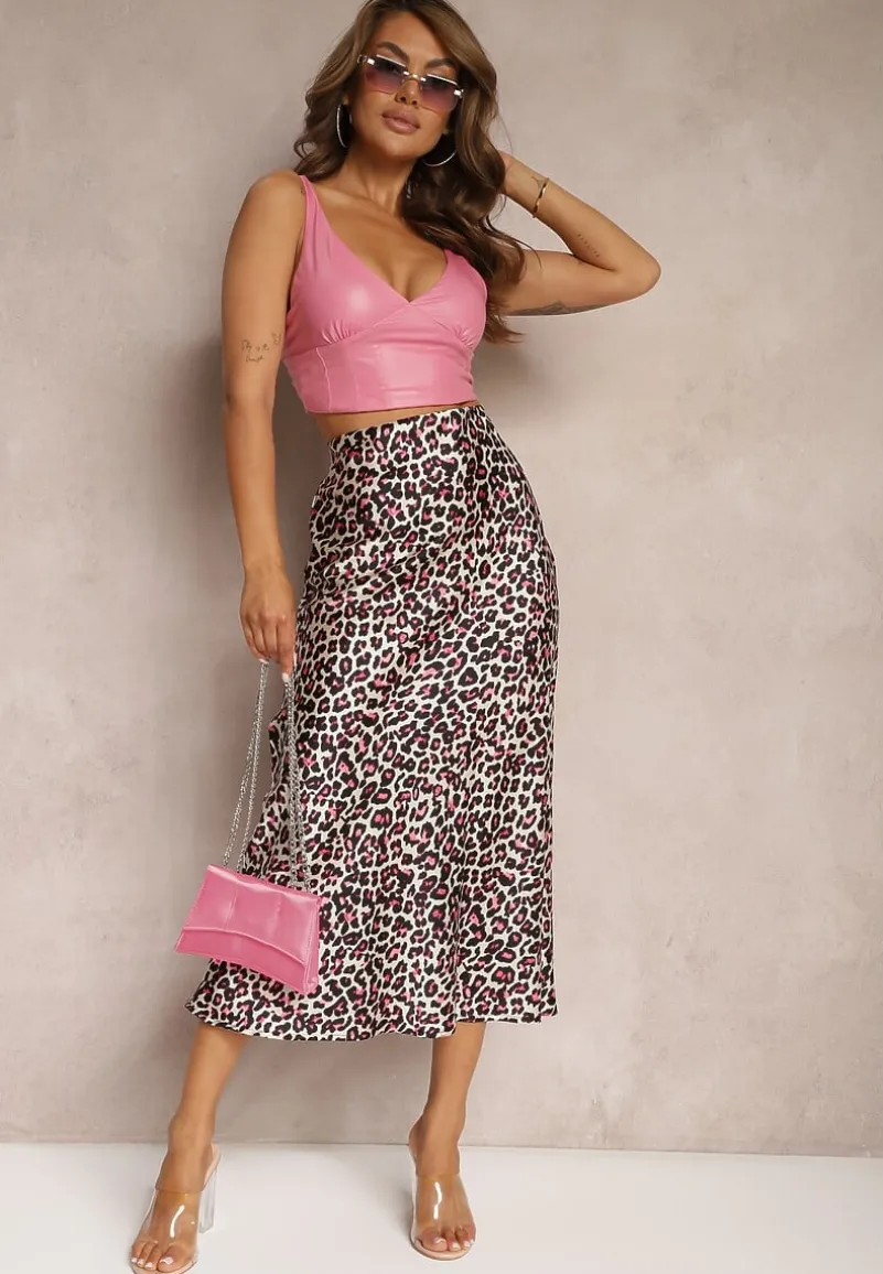 Fuksjowo-Czarna Spódnica High Waist ze Zwierzęcym Printem i Gumką w Talii Dimella