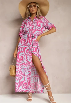 Fuksjowo-Niebieska Sukienka Koszulowa Maxi z Materiałowym Paskiem w Abstrakcyjny Print Lirans