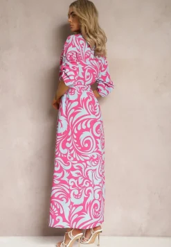 Fuksjowo-Niebieska Sukienka Koszulowa Maxi z Materiałowym Paskiem w Abstrakcyjny Print Lirans