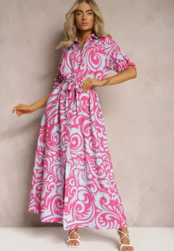 Fuksjowo-Niebieska Sukienka Koszulowa Maxi z Materiałowym Paskiem w Abstrakcyjny Print Lirans