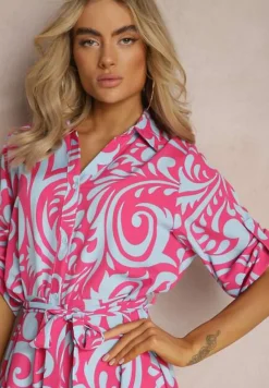 Fuksjowo-Niebieska Sukienka Koszulowa Maxi z Materiałowym Paskiem w Abstrakcyjny Print Lirans
