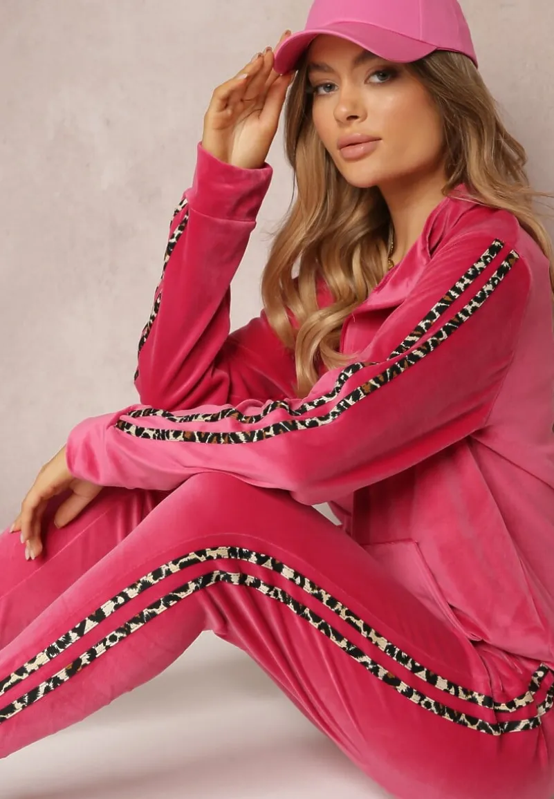 Fuksjowy 2-częściowy Komplet Dresowy z Weluru Zdobiony Lampasami Essuh