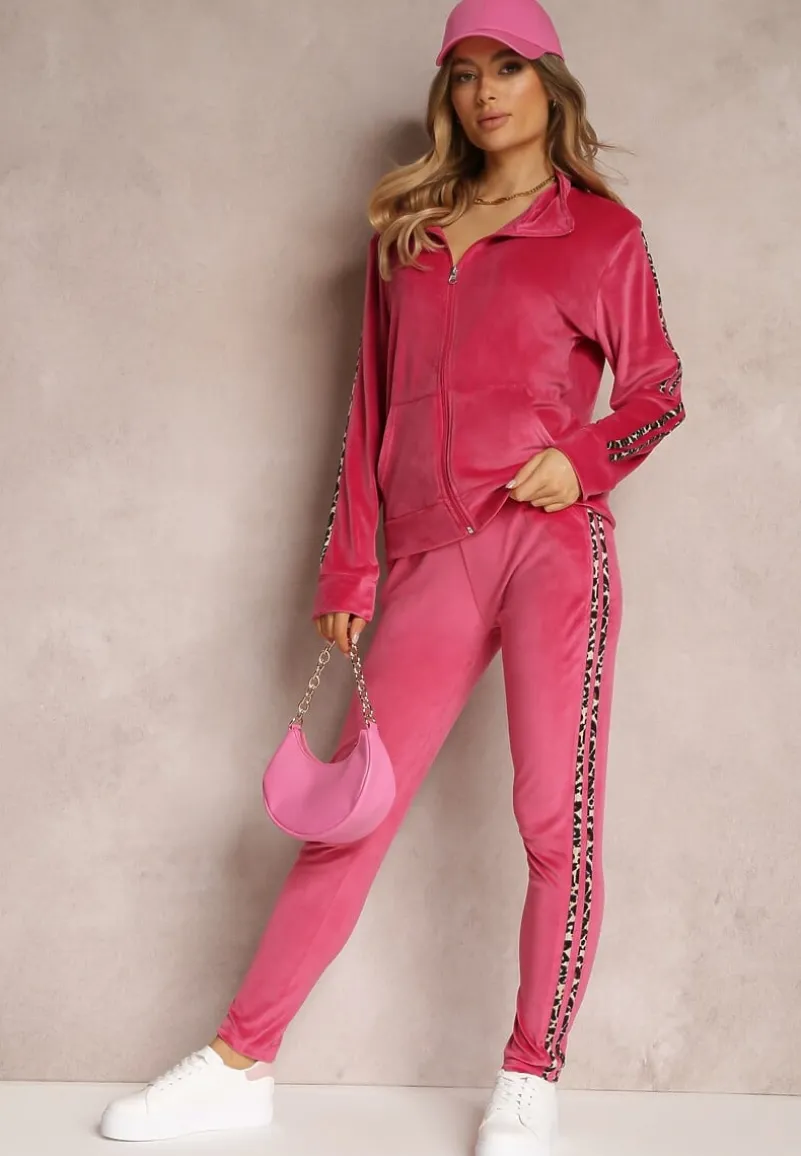 Fuksjowy 2-częściowy Komplet Dresowy z Weluru Zdobiony Lampasami Essuh