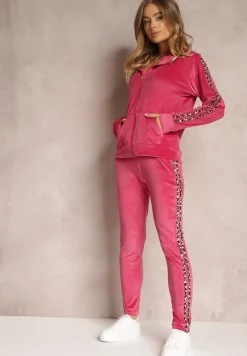 Fuksjowy 2-częściowy Komplet Dresowy z Weluru Zdobiony Lampasami Essuh