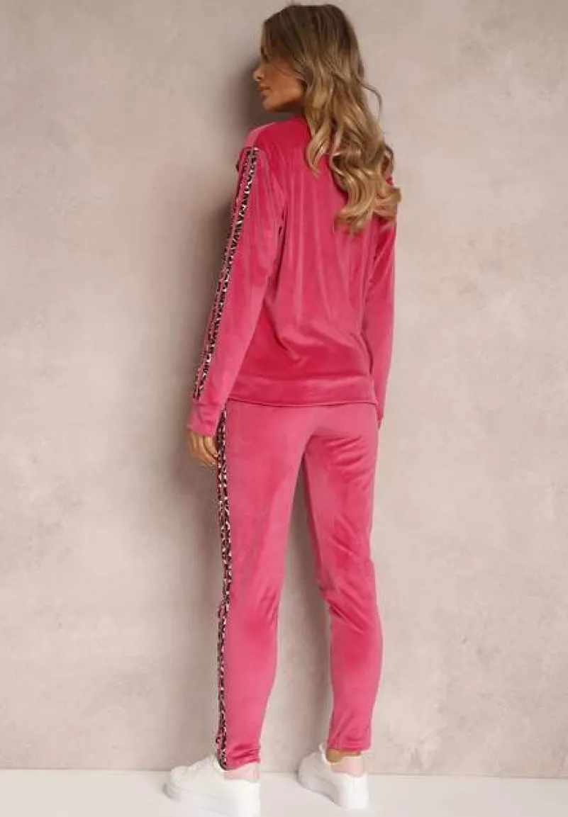 Fuksjowy 2-częściowy Komplet Dresowy z Weluru Zdobiony Lampasami Essuh