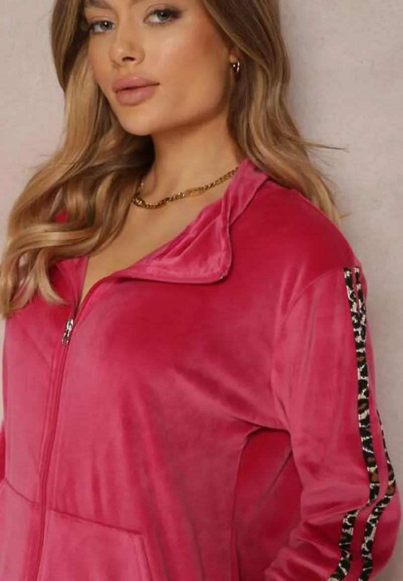 Fuksjowy 2-częściowy Komplet Dresowy z Weluru Zdobiony Lampasami Essuh