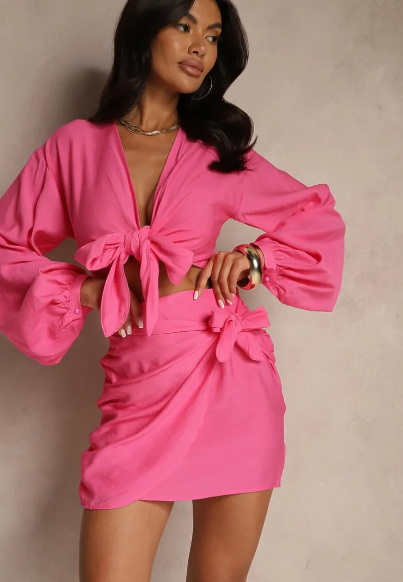 Fuksjowy 2-częściowy Komplet Casual z Bluzką i Spódnicą Mini Udekorowanych Wiązaniem Beasia