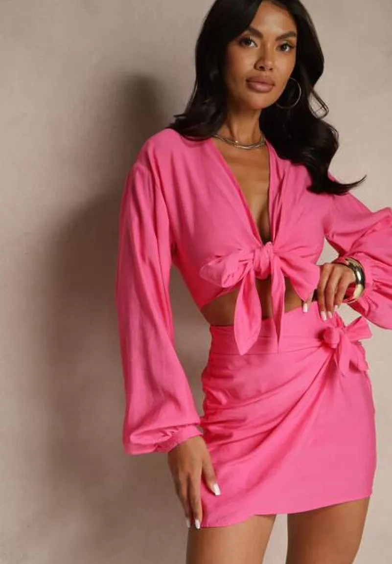 Fuksjowy 2-częściowy Komplet Casual z Bluzką i Spódnicą Mini Udekorowanych Wiązaniem Beasia