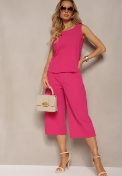 Fuksjowy 2-Częściowy Komplet z Bawełny Luźny Top i Szerokie Spodnie Nezara