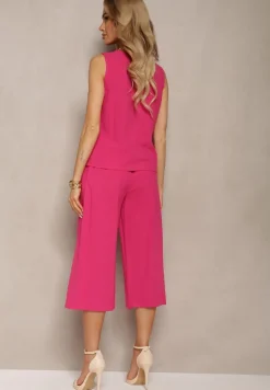 Fuksjowy 2-Częściowy Komplet z Bawełny Luźny Top i Szerokie Spodnie Nezara