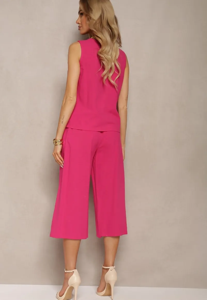 Fuksjowy 2-Częściowy Komplet z Bawełny Luźny Top i Szerokie Spodnie Nezara