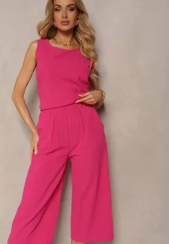 Fuksjowy 2-Częściowy Komplet z Bawełny Luźny Top i Szerokie Spodnie Nezara