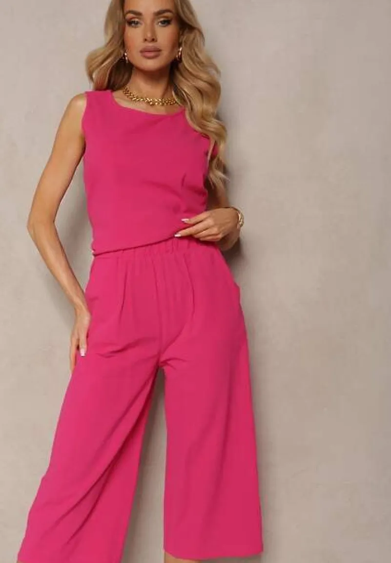 Fuksjowy 2-Częściowy Komplet z Bawełny Luźny Top i Szerokie Spodnie Nezara