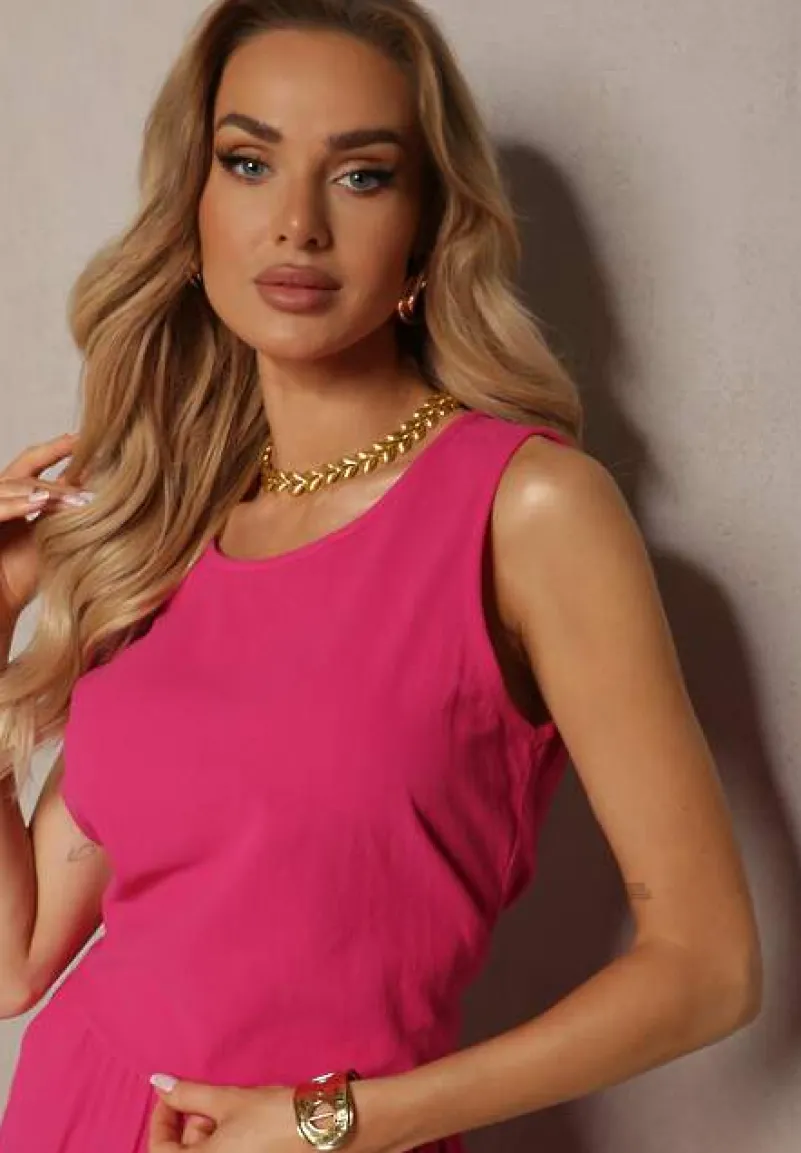 Fuksjowy 2-Częściowy Komplet z Bawełny Luźny Top i Szerokie Spodnie Nezara