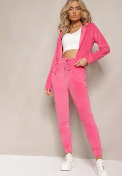 Fuksjowy Dresowy Komplet z Weluru Spodnie i Bluza z Kapturem na Suwak Styrena