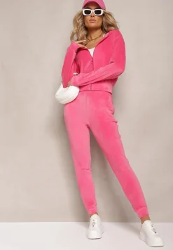 Fuksjowy Dresowy Komplet z Weluru Spodnie i Bluza z Kapturem na Suwak Styrena