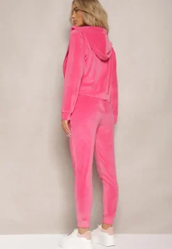 Fuksjowy Dresowy Komplet z Weluru Spodnie i Bluza z Kapturem na Suwak Styrena