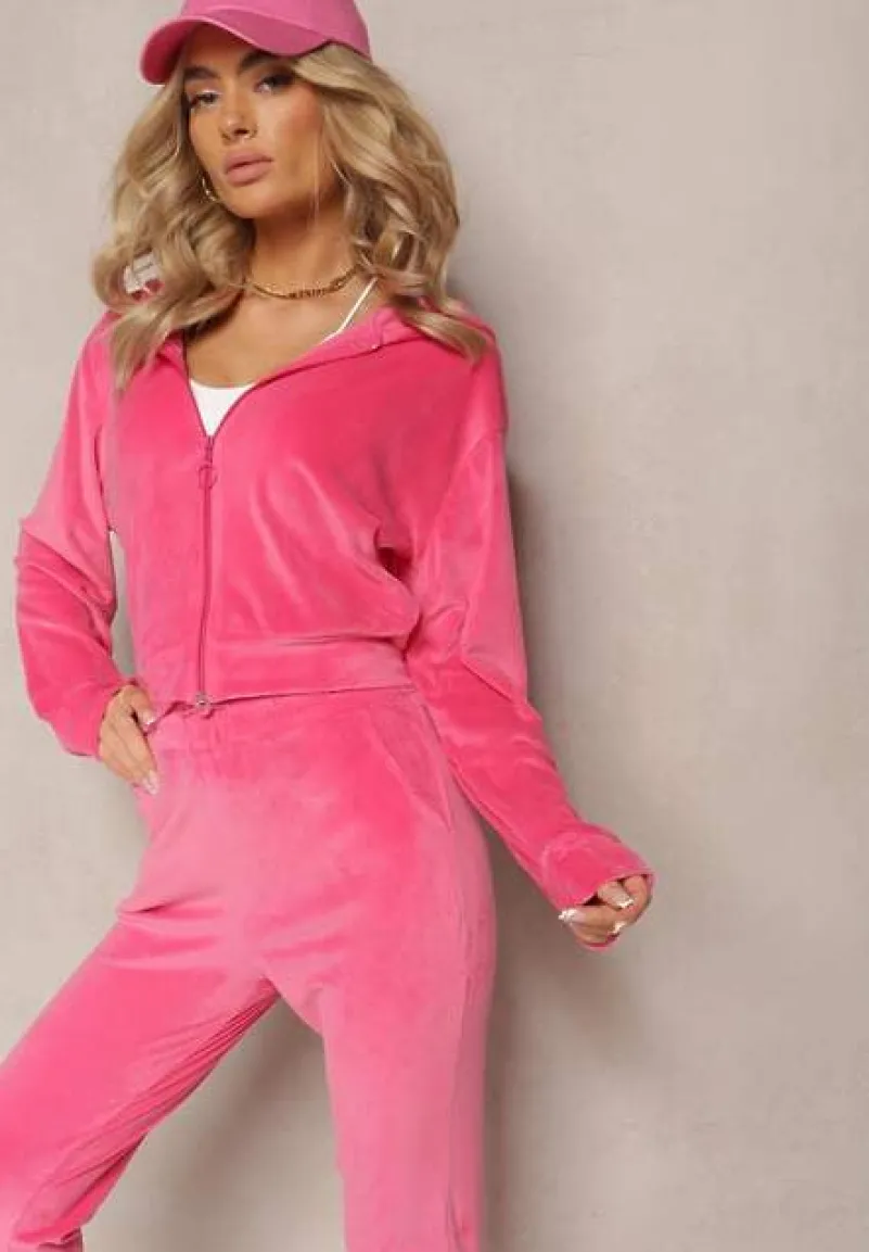 Fuksjowy Dresowy Komplet z Weluru Spodnie i Bluza z Kapturem na Suwak Styrena