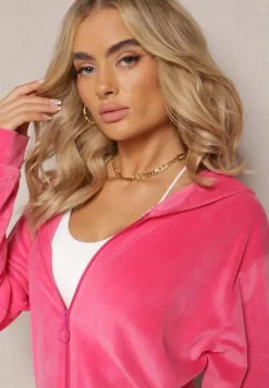 Fuksjowy Dresowy Komplet z Weluru Spodnie i Bluza z Kapturem na Suwak Styrena