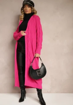 Fuksjowy Długi Kardigan z Kapturem i Wzorzystym Tłoczeniem Bez Zapięć Zintriya